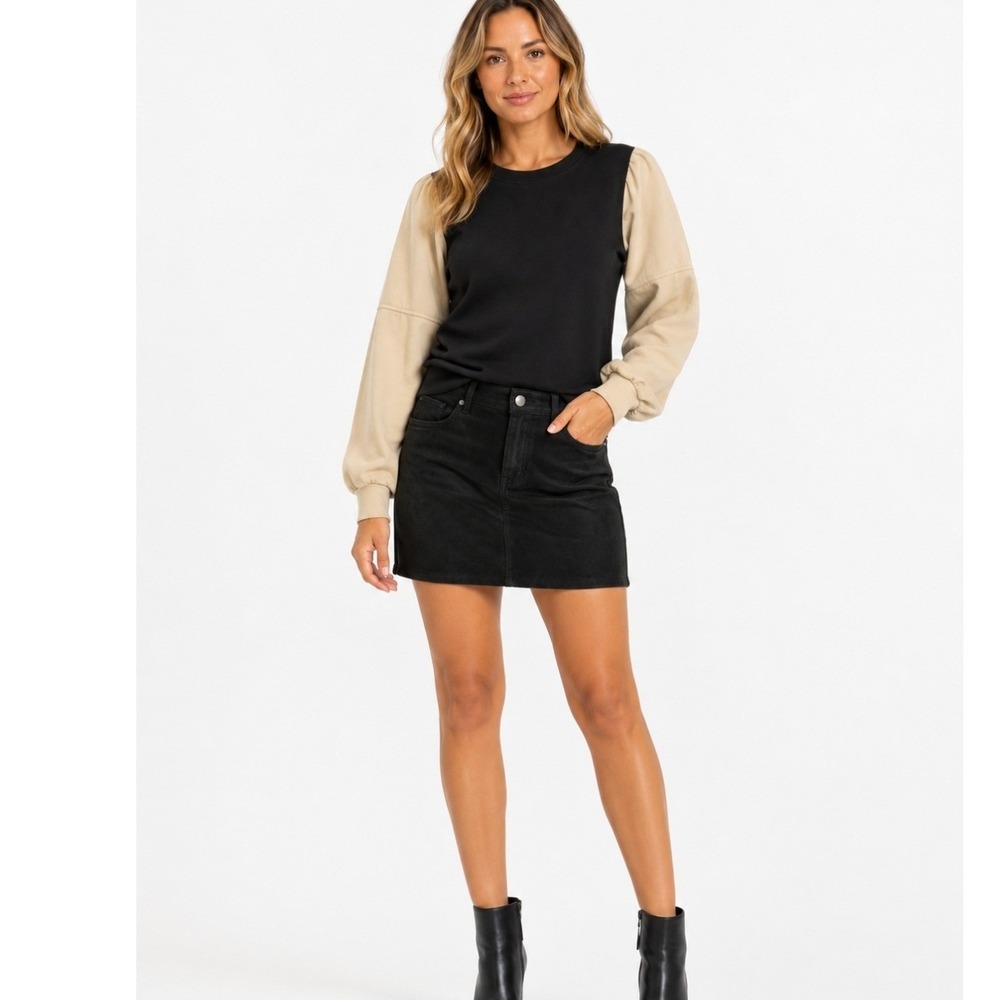 THML Womens SMALL‎ Top Black Tan Colorblock Puff Sleeve Ribbed Minimalist